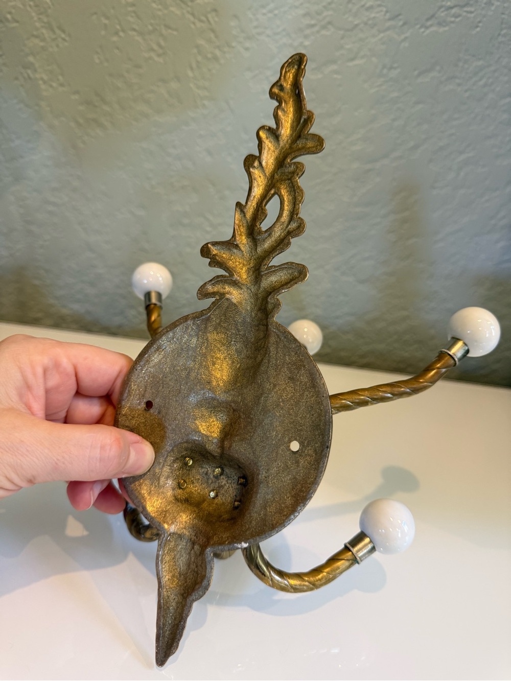 Vintage Brass Wall Hook Rack with White Ceramic Knobs - Picture 6 of 10